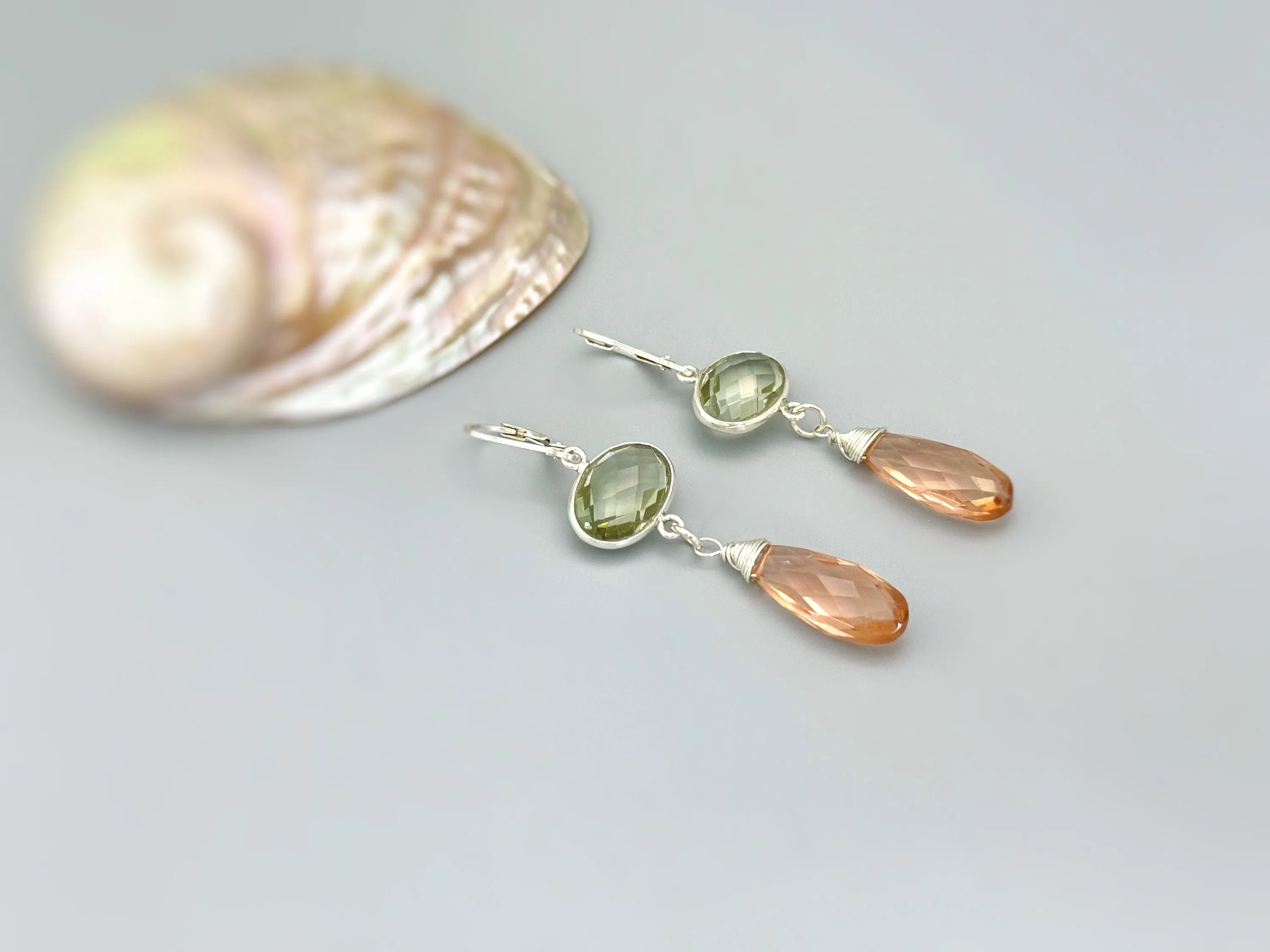 Green Amethyst and Morganite earrings dangle inSterling Silver