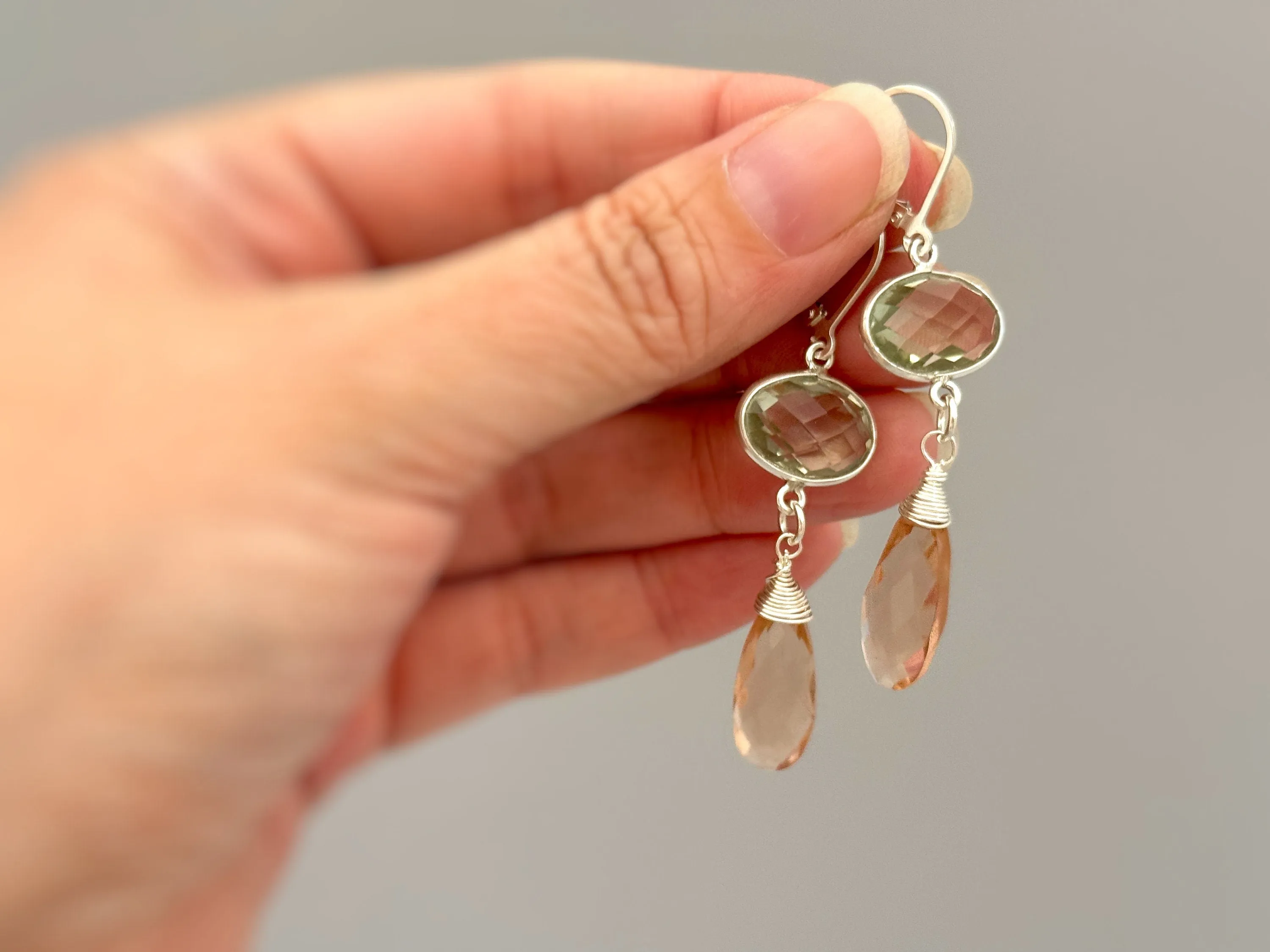 Green Amethyst and Morganite earrings dangle inSterling Silver