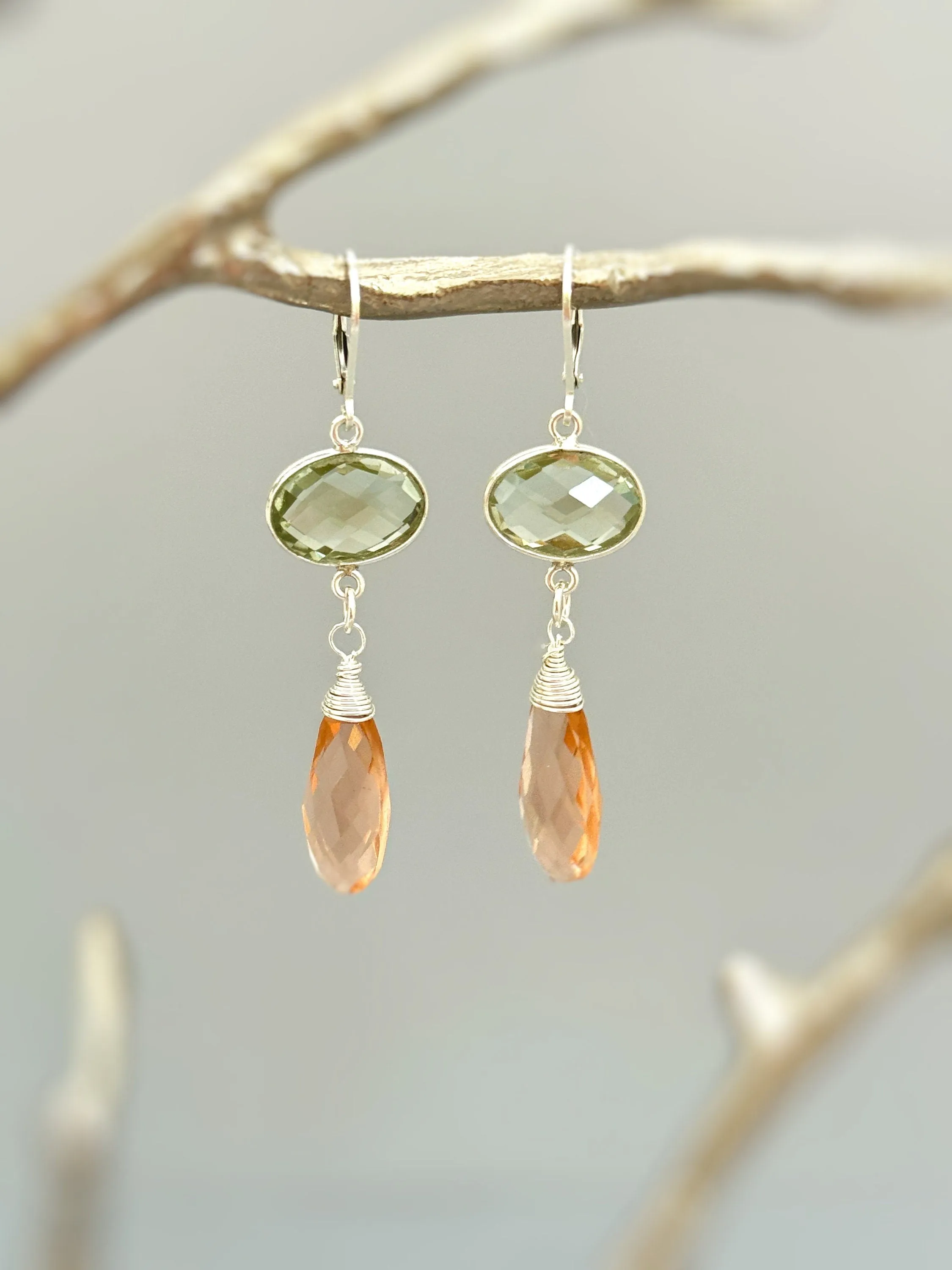 Green Amethyst and Morganite earrings dangle inSterling Silver