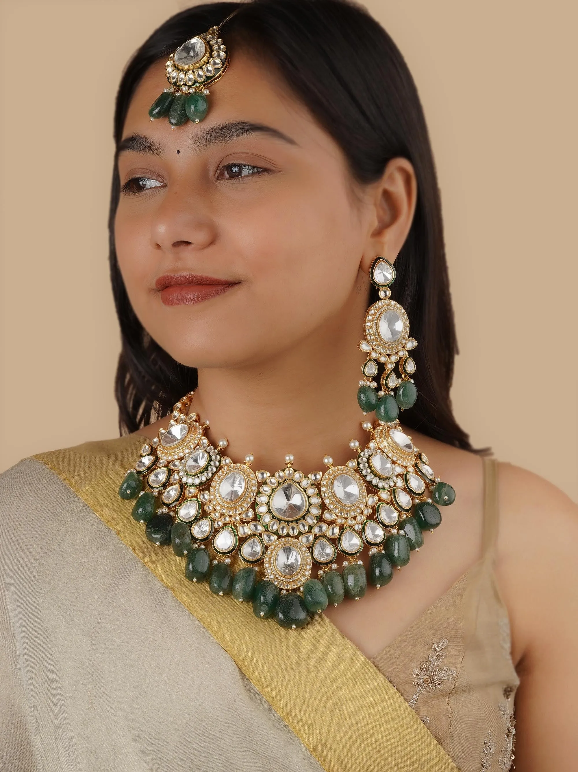 Green Color Gold Plated Faux Polki Bridal Necklace Set - PK-S181WGR