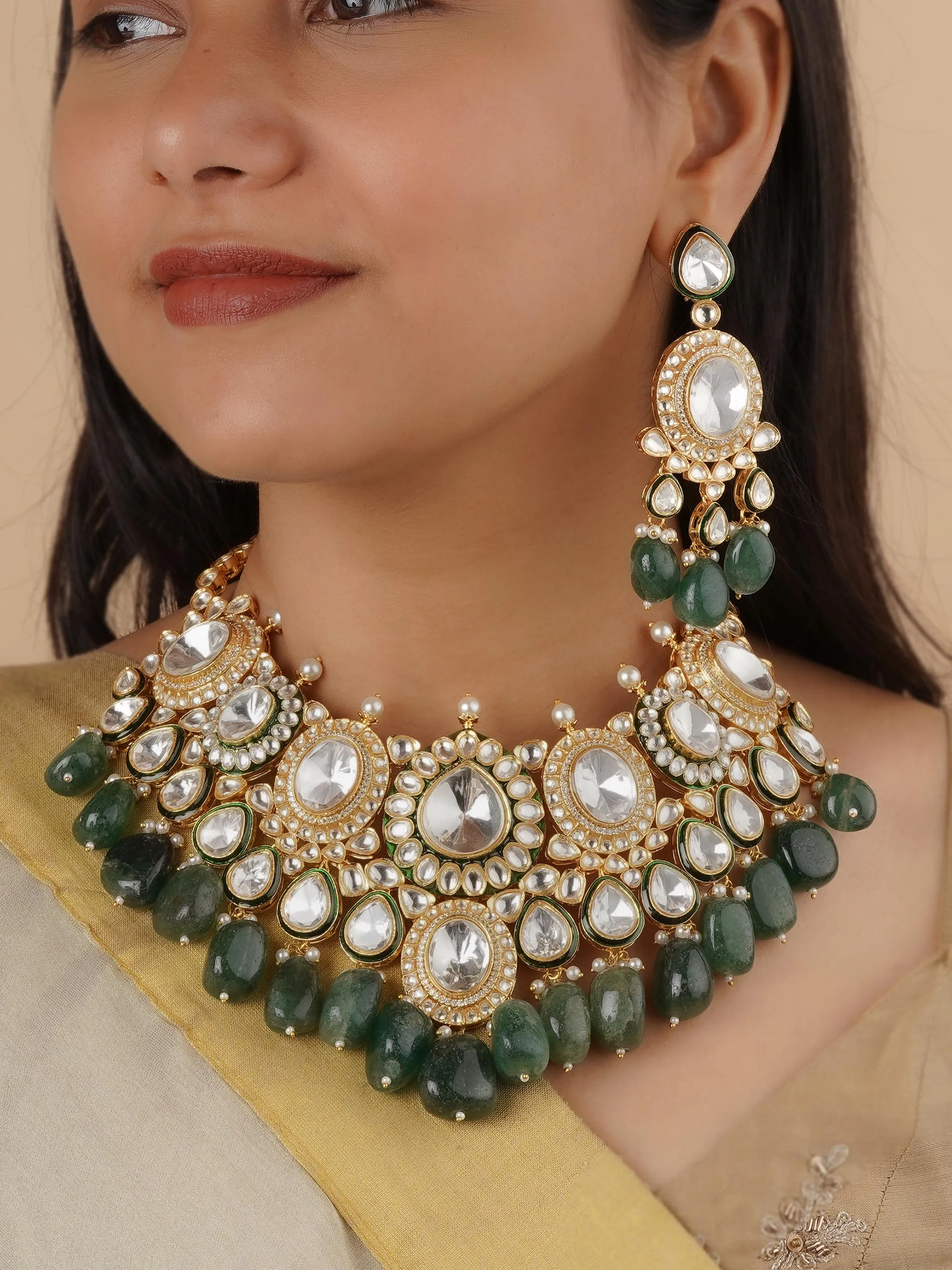 Green Color Gold Plated Faux Polki Bridal Necklace Set - PK-S181WGR