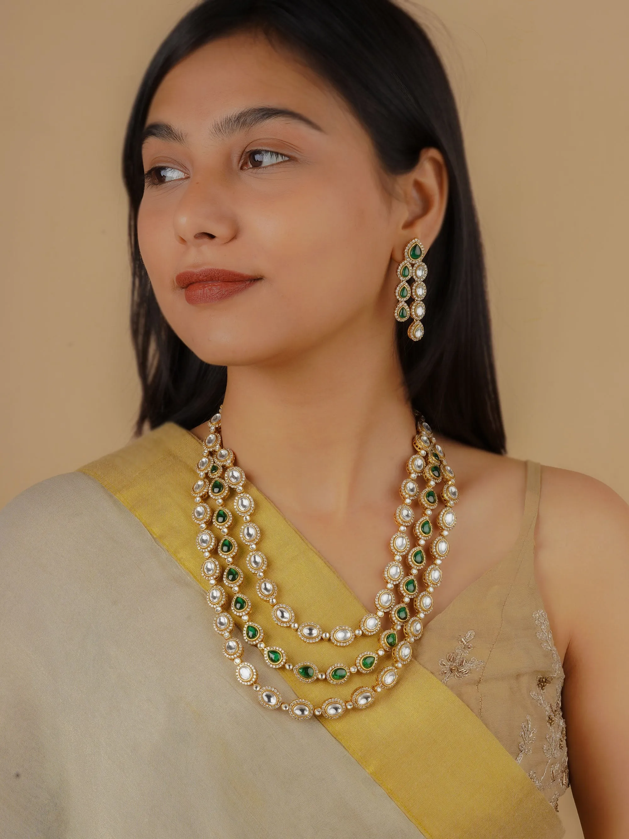 Green Color Gold Plated Faux Polki Necklace Set - PK-S136WGR