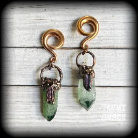 Green quartz and amethyst gauged earrings-Gemstone ear weights