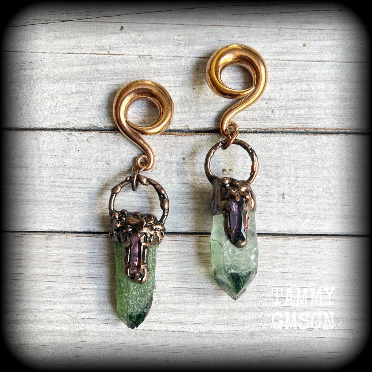 Green quartz and amethyst gauged earrings-Gemstone ear weights