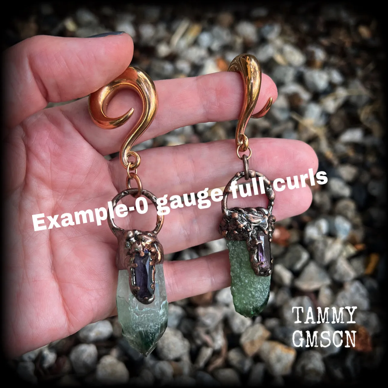 Green quartz and amethyst gauged earrings-Gemstone ear weights