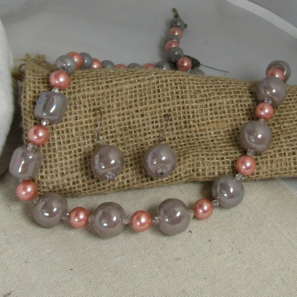 Grey Kazuri Fair Trade Bead Necklace & Earrings Handmade Jewelry