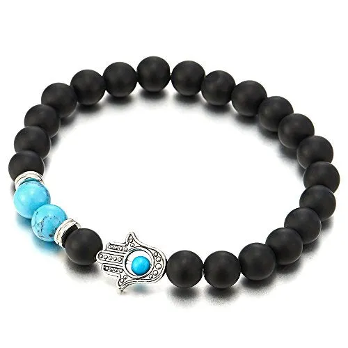 Hamsa Hand of Fatima Mens Womens Black Onyx Beads Bracelet, Protection Prayer Mala