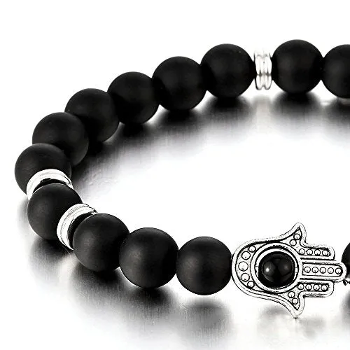 Hamsa Hand of Fatima Mens Womens Black Onyx Beads Bracelet, Protection Prayer Mala