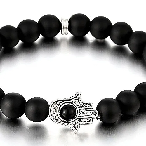 Hamsa Hand of Fatima Mens Womens Black Onyx Beads Bracelet, Protection Prayer Mala