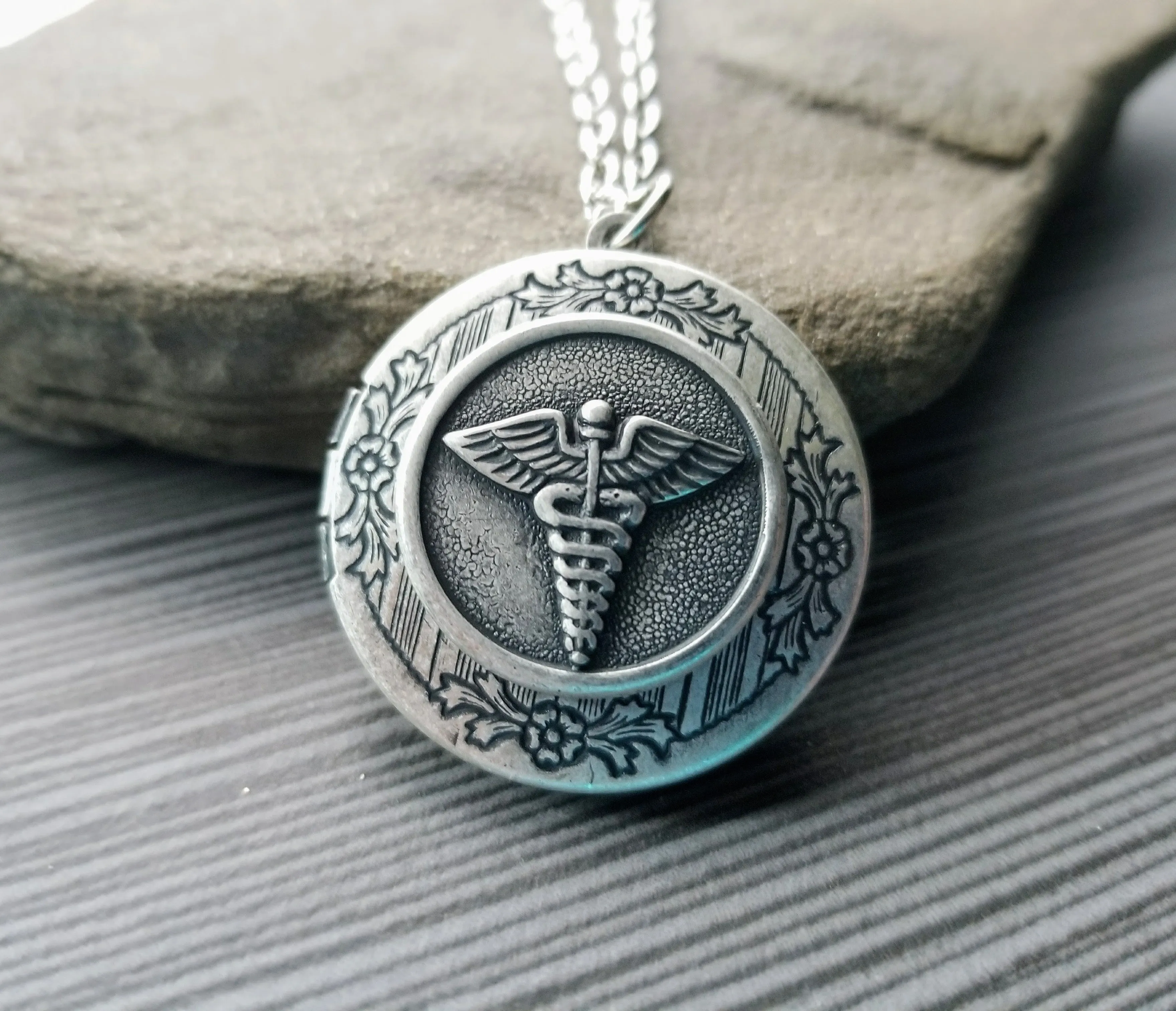 Handmade Antique Silver Caduceus Medical Symbol Locket Necklace