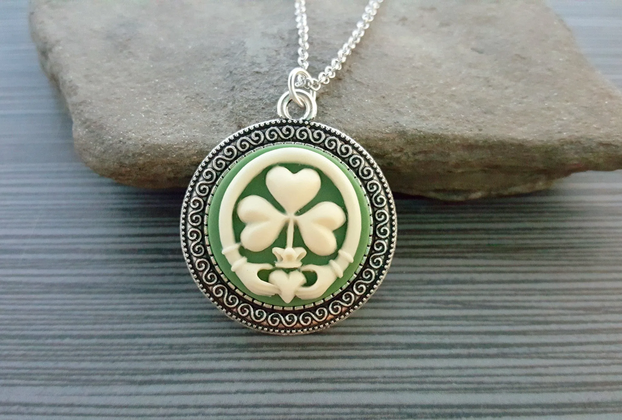 Handmade Claddagh Shamrock Cameo Necklace