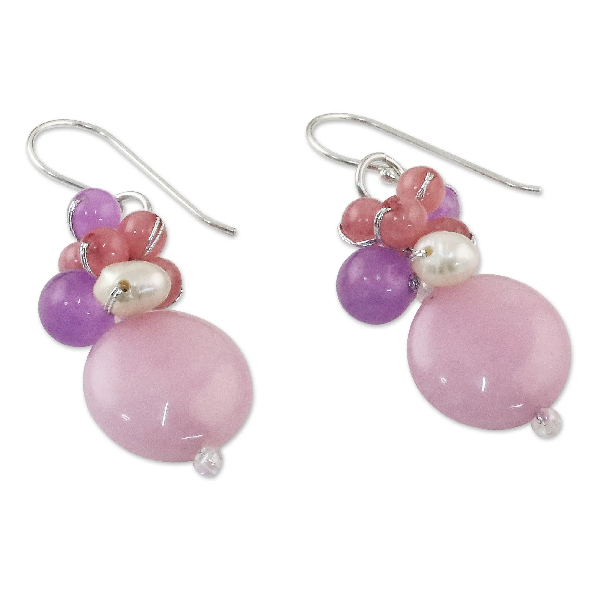 Handmade Purple and Pink Quartz and Pearl Cluster Earrings - Sweet Thai Joy | NOVICA