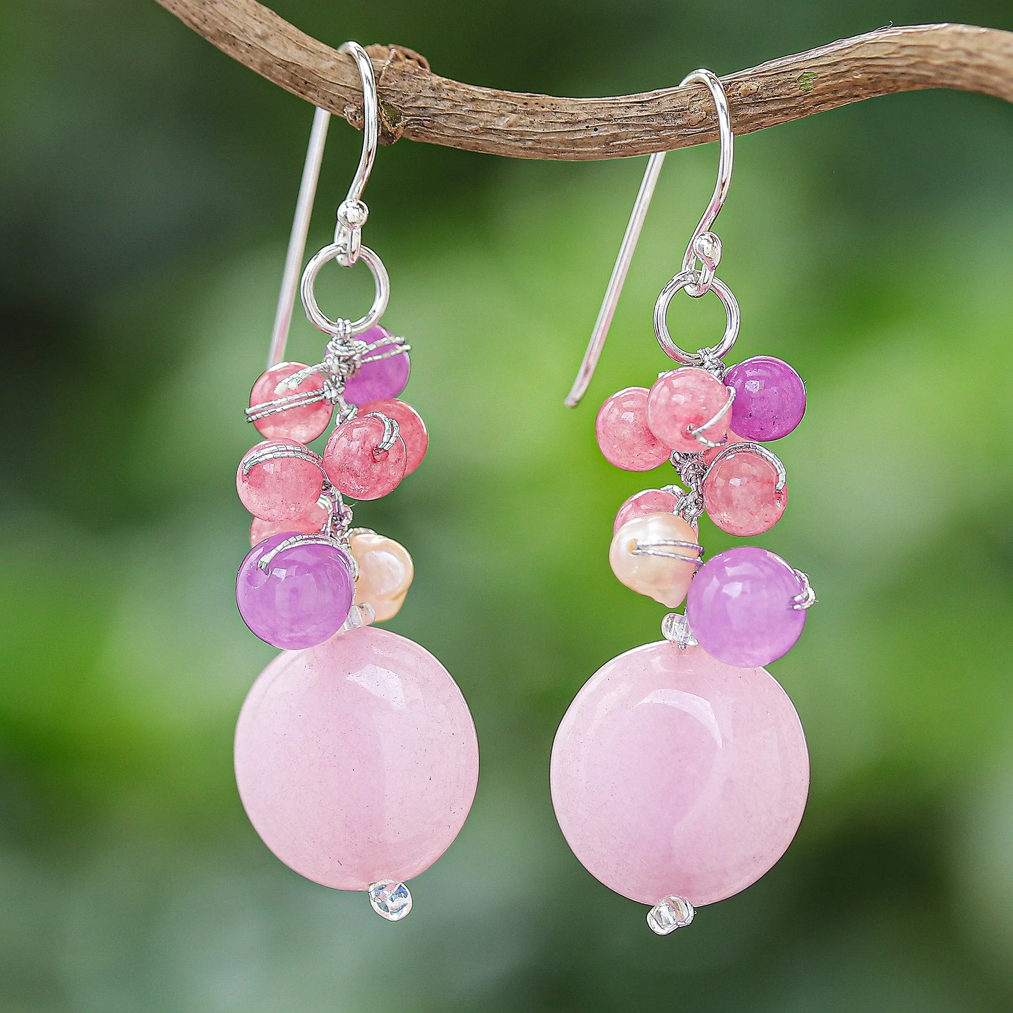 Handmade Purple and Pink Quartz and Pearl Cluster Earrings - Sweet Thai Joy | NOVICA