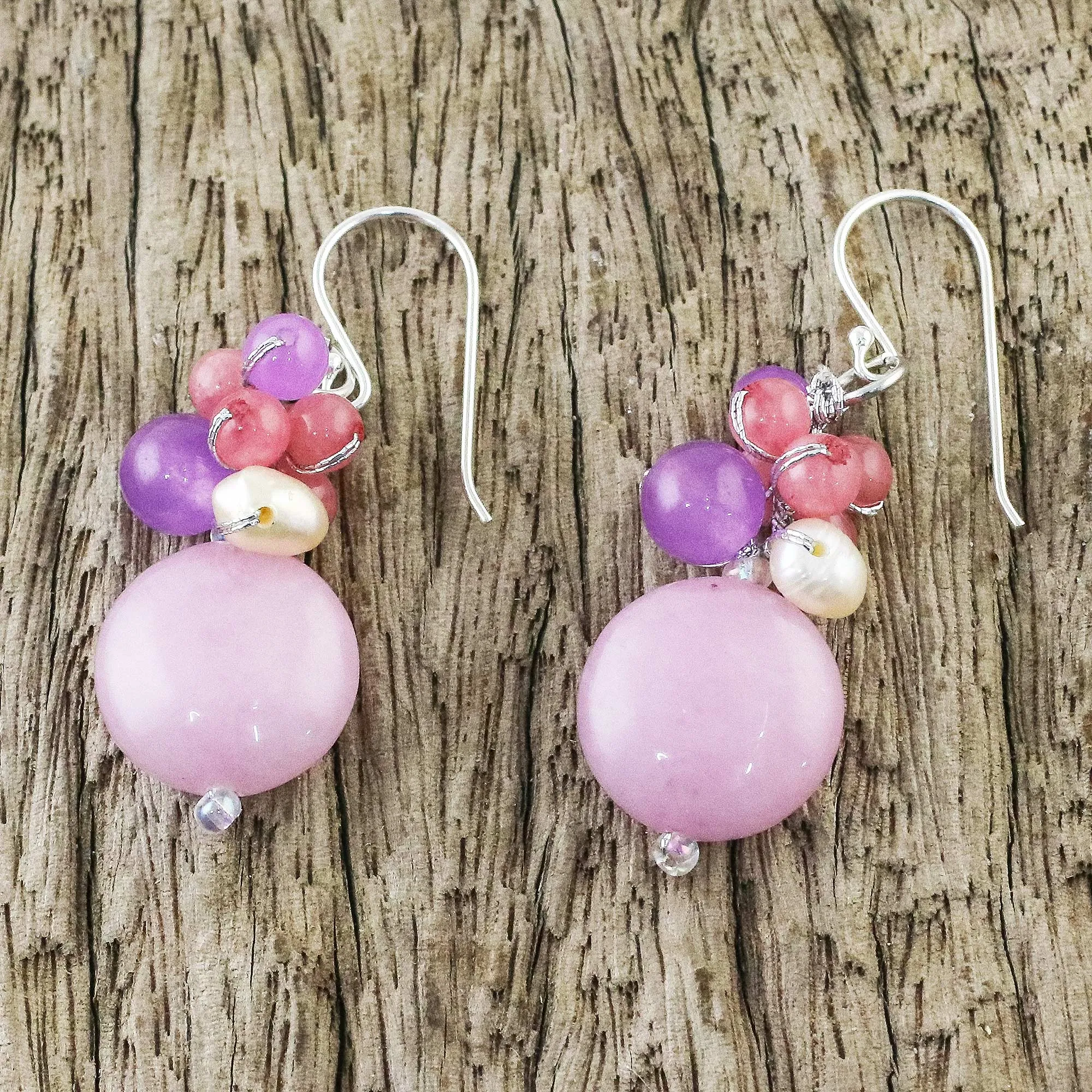 Handmade Purple and Pink Quartz and Pearl Cluster Earrings - Sweet Thai Joy | NOVICA