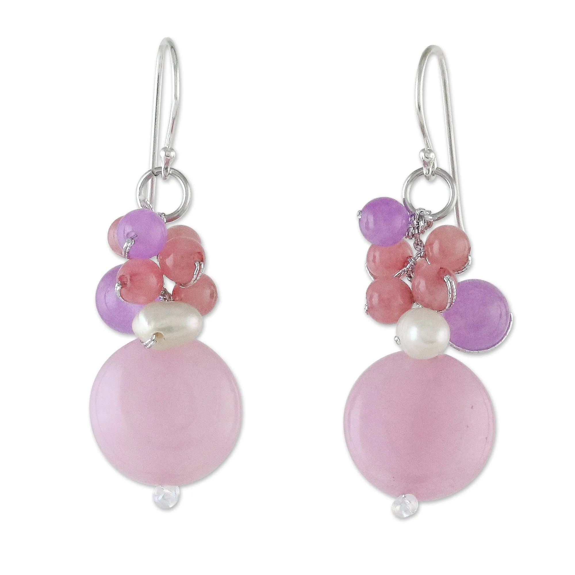 Handmade Purple and Pink Quartz and Pearl Cluster Earrings - Sweet Thai Joy | NOVICA