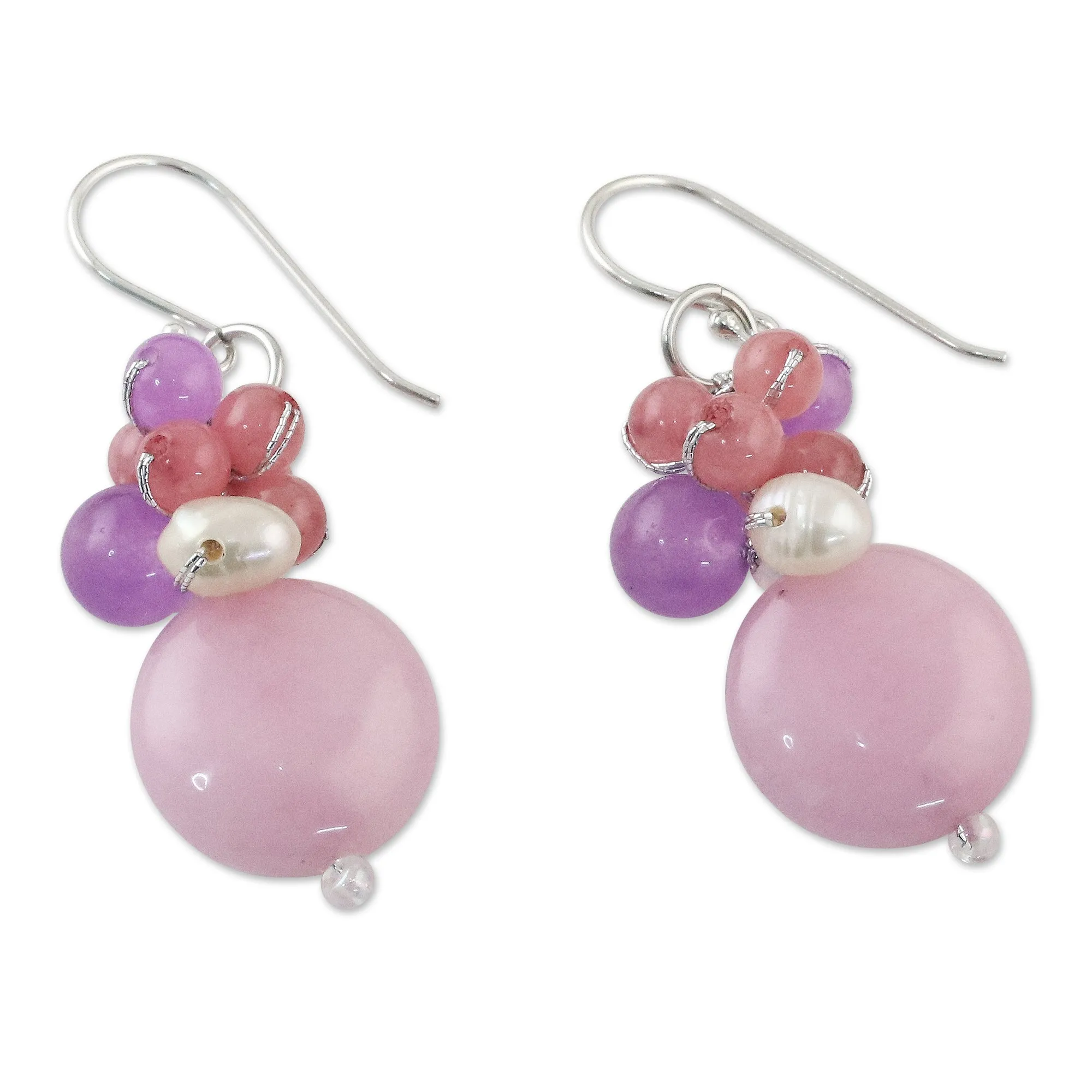 Handmade Purple and Pink Quartz and Pearl Cluster Earrings - Sweet Thai Joy | NOVICA