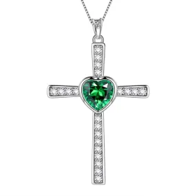 Heart Birthstone May Emerald Cross Necklace Pendant Women Girls Jewelry Birthday Gift