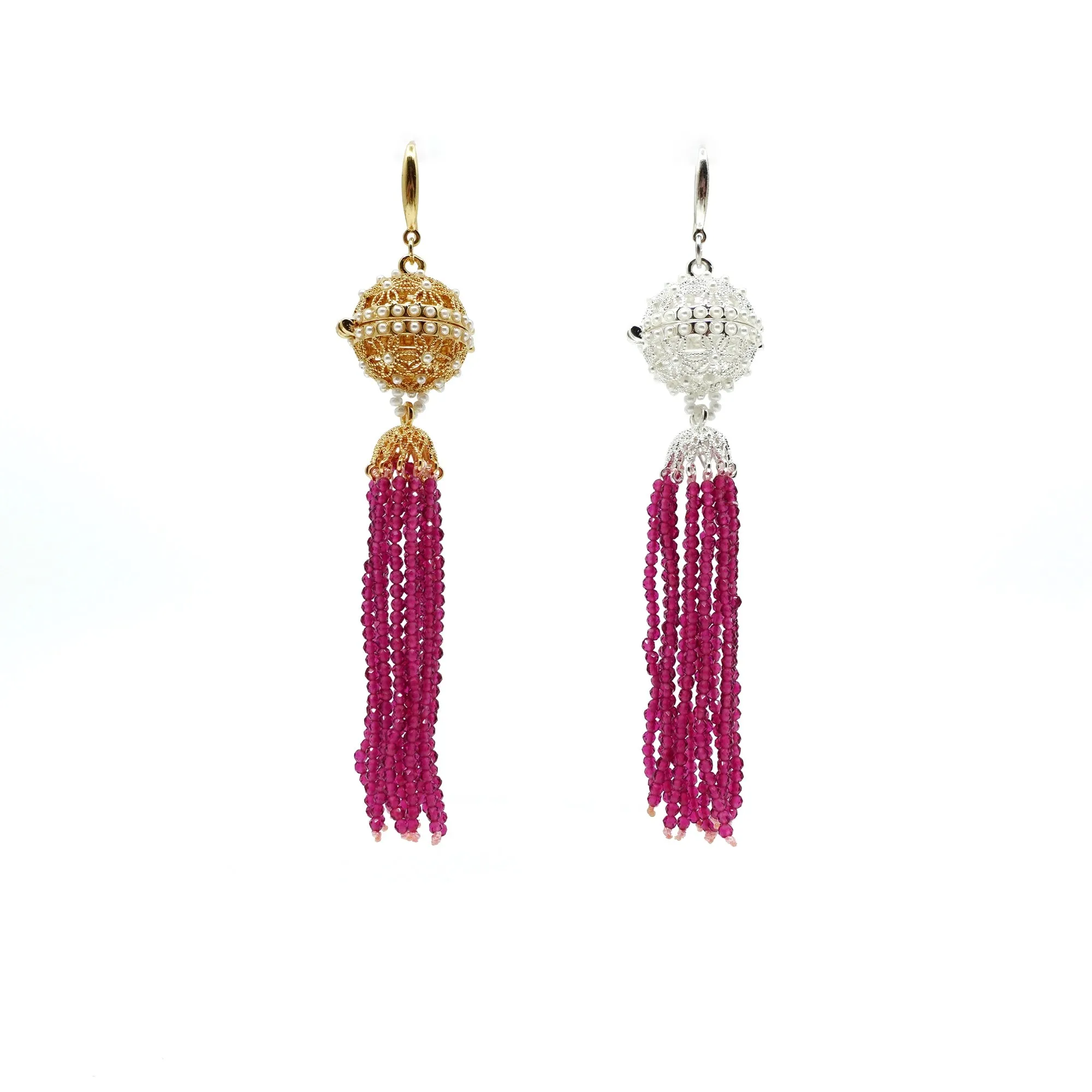 Herbal Locket Crystal Tassel Earrings - Fuchsia Zirconia