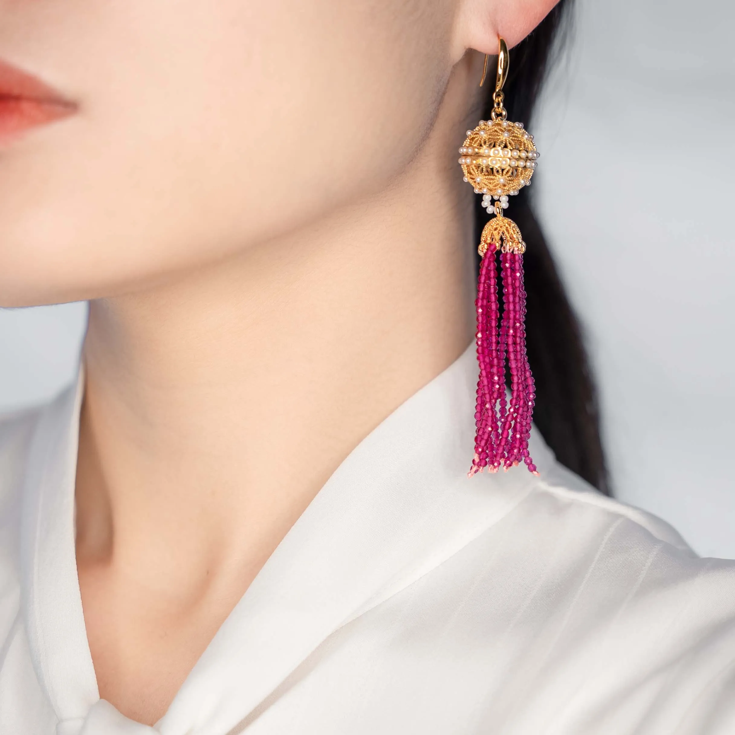 Herbal Locket Crystal Tassel Earrings - Fuchsia Zirconia