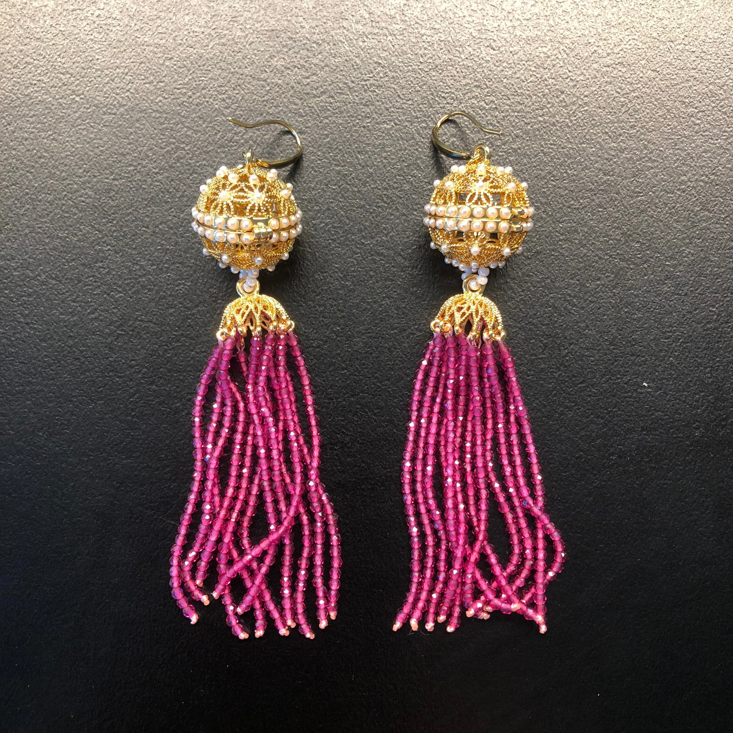 Herbal Locket Crystal Tassel Earrings - Fuchsia Zirconia