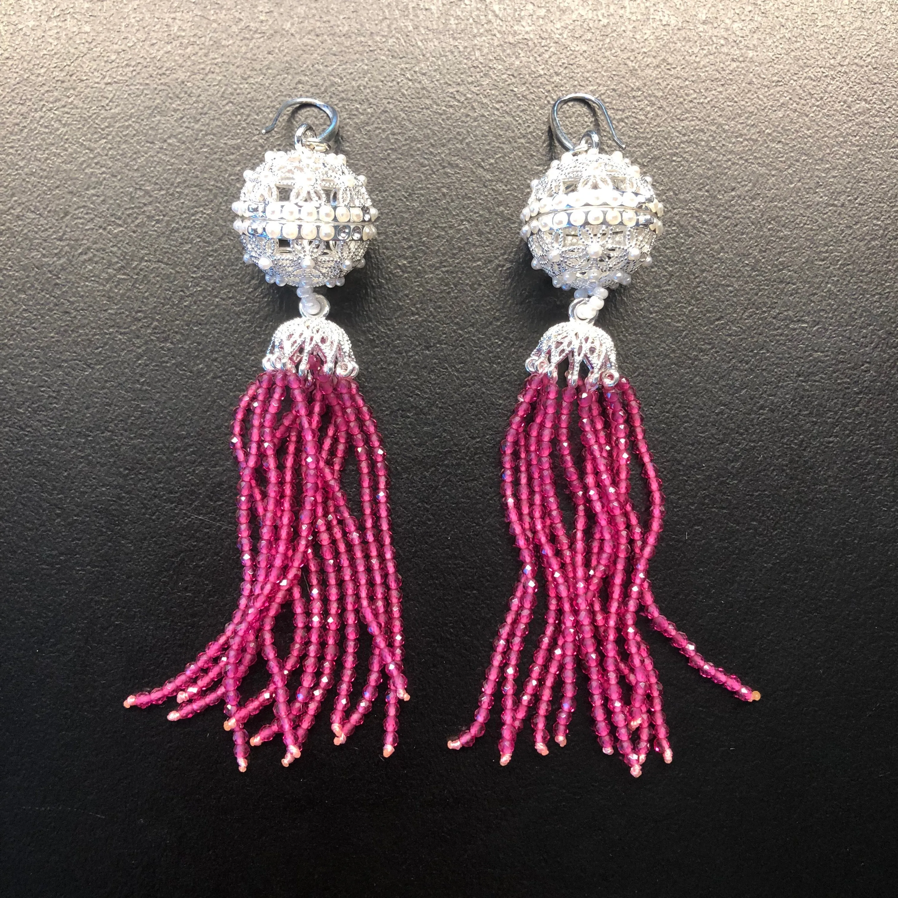 Herbal Locket Crystal Tassel Earrings - Fuchsia Zirconia