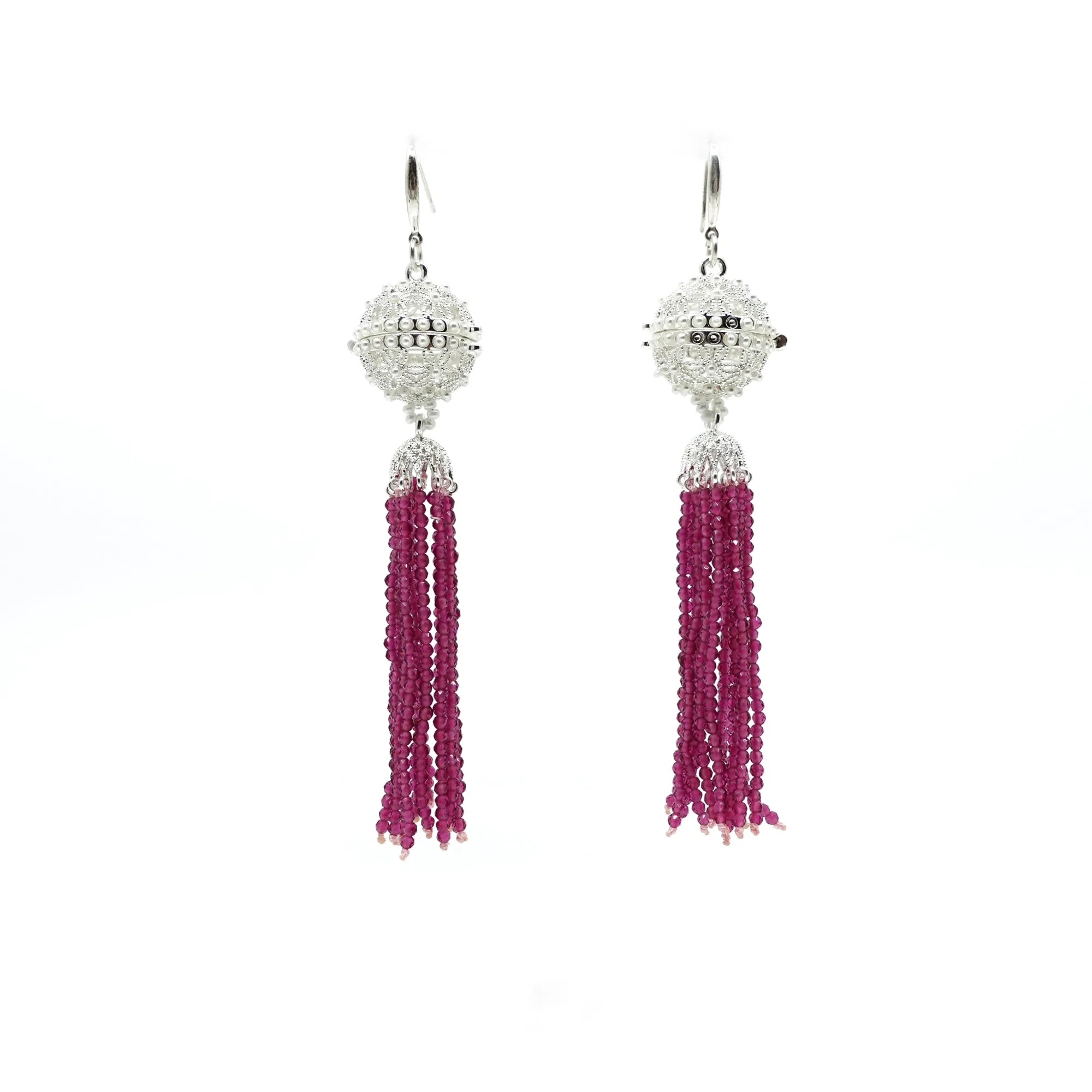 Herbal Locket Crystal Tassel Earrings - Fuchsia Zirconia