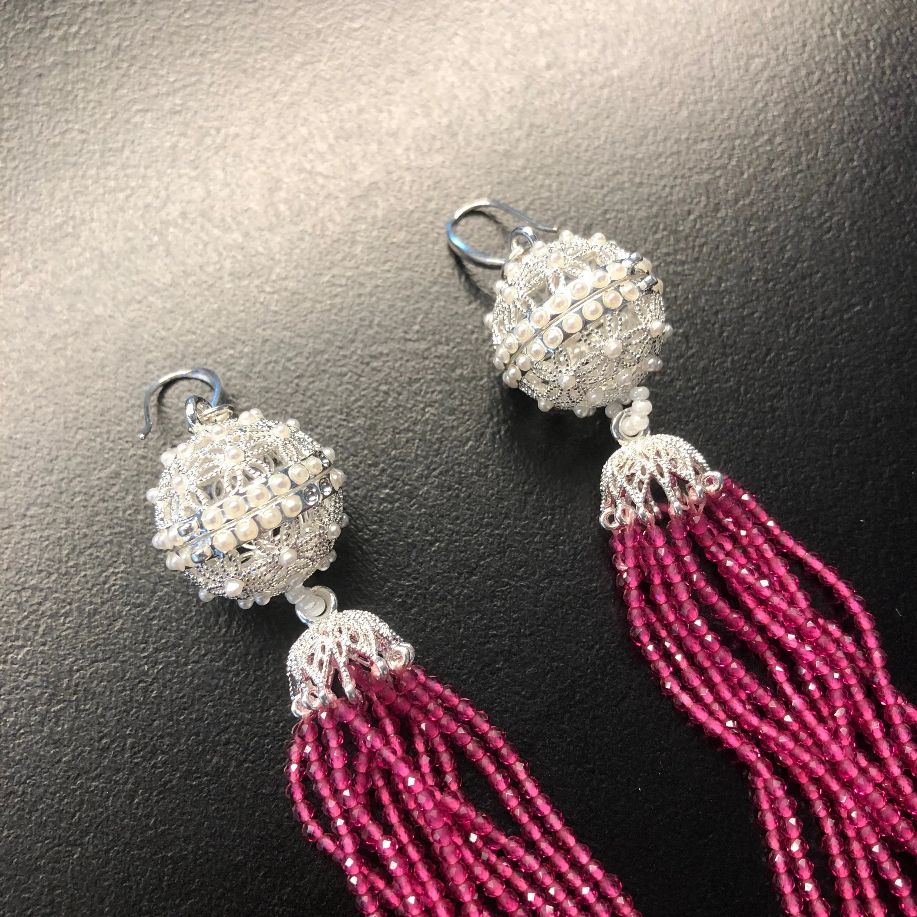 Herbal Locket Crystal Tassel Earrings - Fuchsia Zirconia