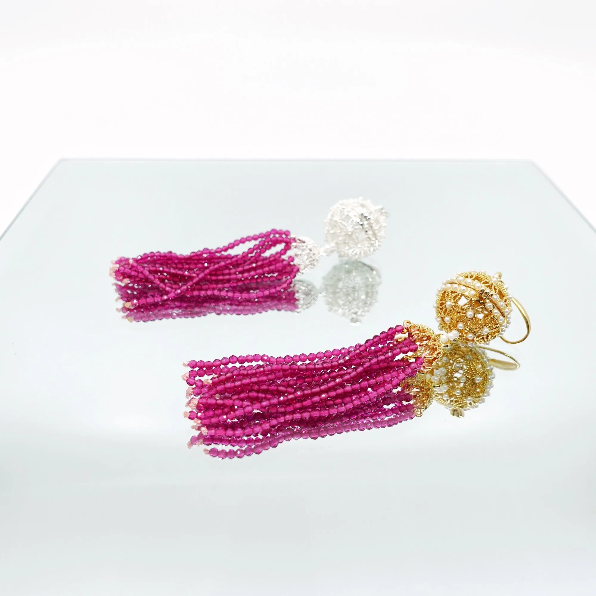 Herbal Locket Crystal Tassel Earrings - Fuchsia Zirconia