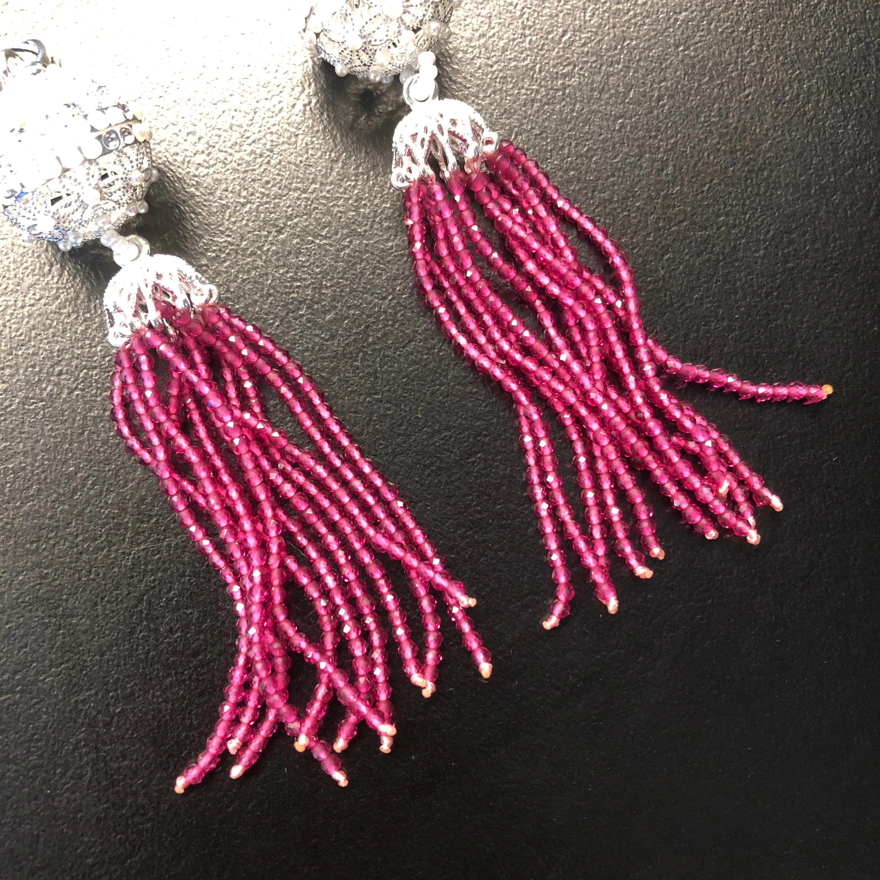 Herbal Locket Crystal Tassel Earrings - Fuchsia Zirconia