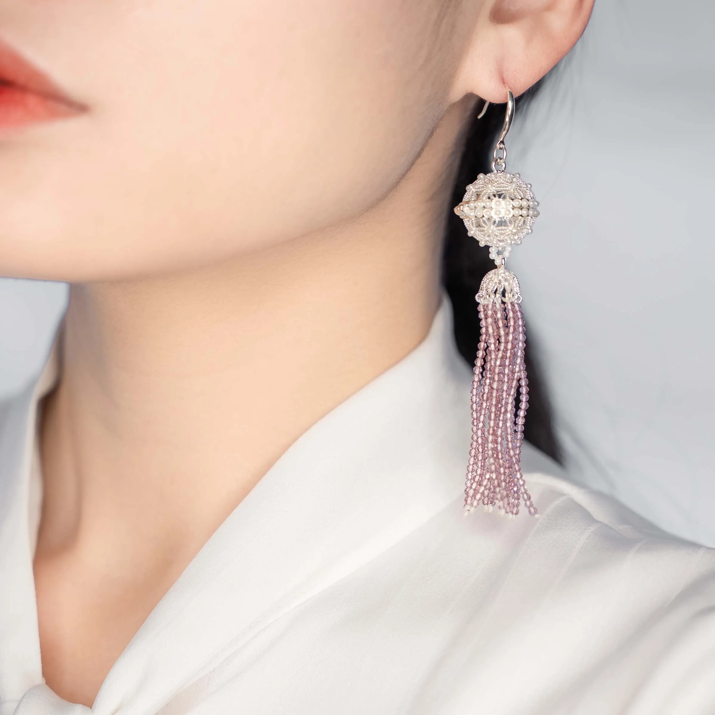 Herbal Locket Crystal Tassel Earrings - Mauve Zirconia