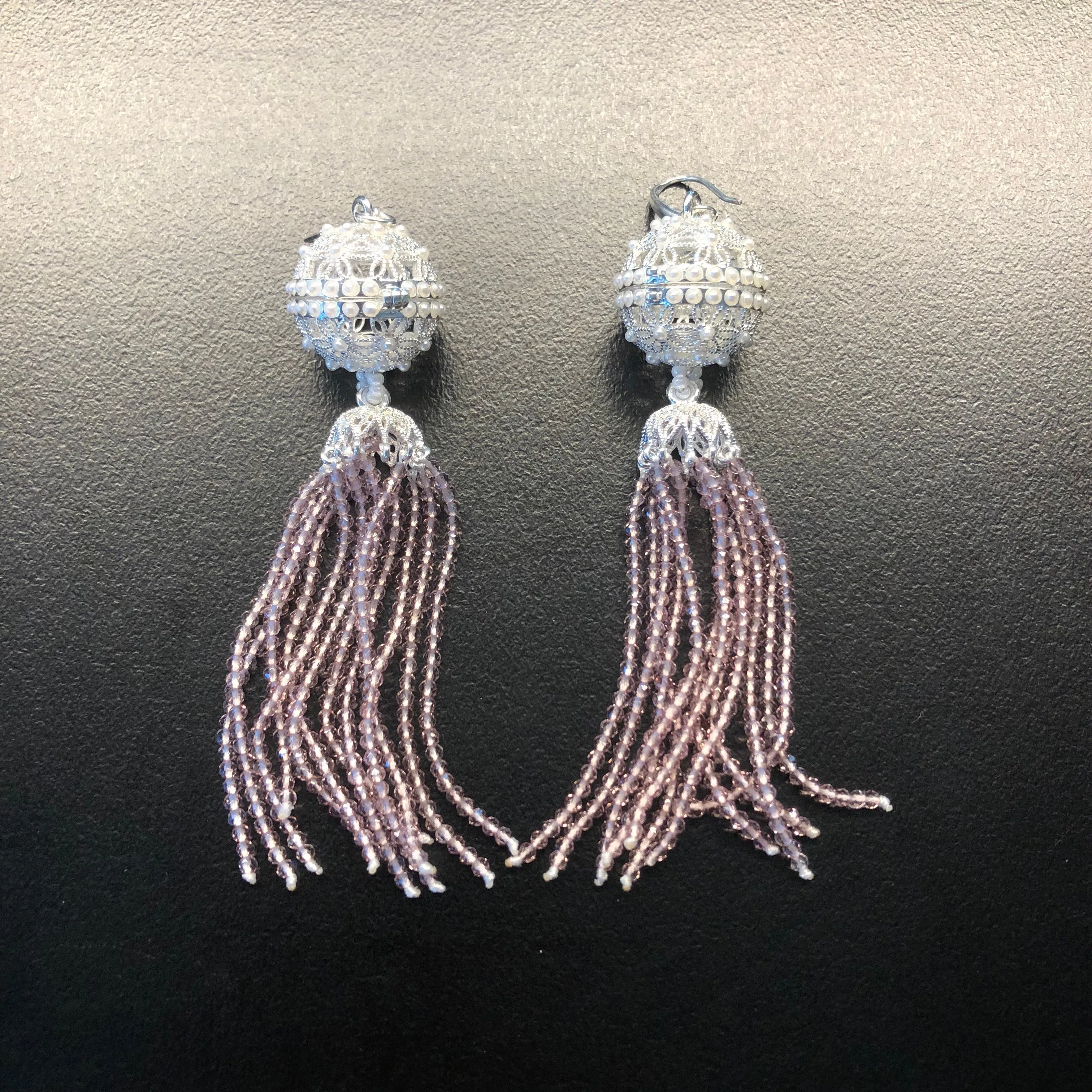 Herbal Locket Crystal Tassel Earrings - Mauve Zirconia