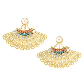 Hollow Out Artificial Stone Stud Earrings Gold Plated Fan-shaped