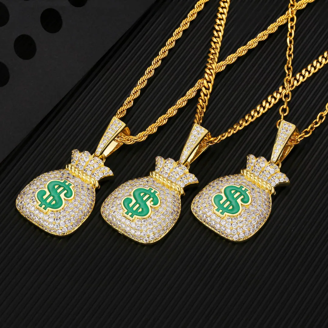 KRKC Iced Out Money Bag Mens Pendant Necklace in 14K Gold