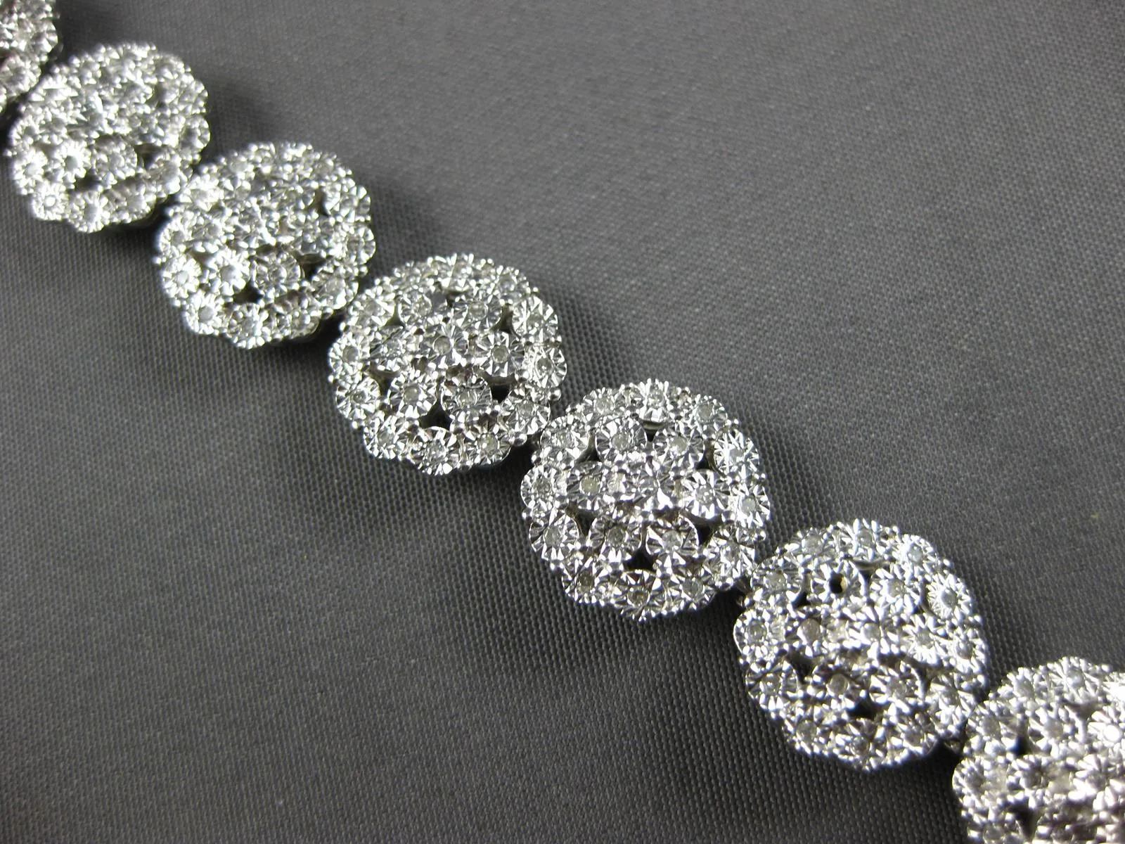 LARGE 1.20CT DIAMOND 14KT WHITE GOLD 3D FILIGREE FLOWER CIRCULAR TENNIS BRACELET