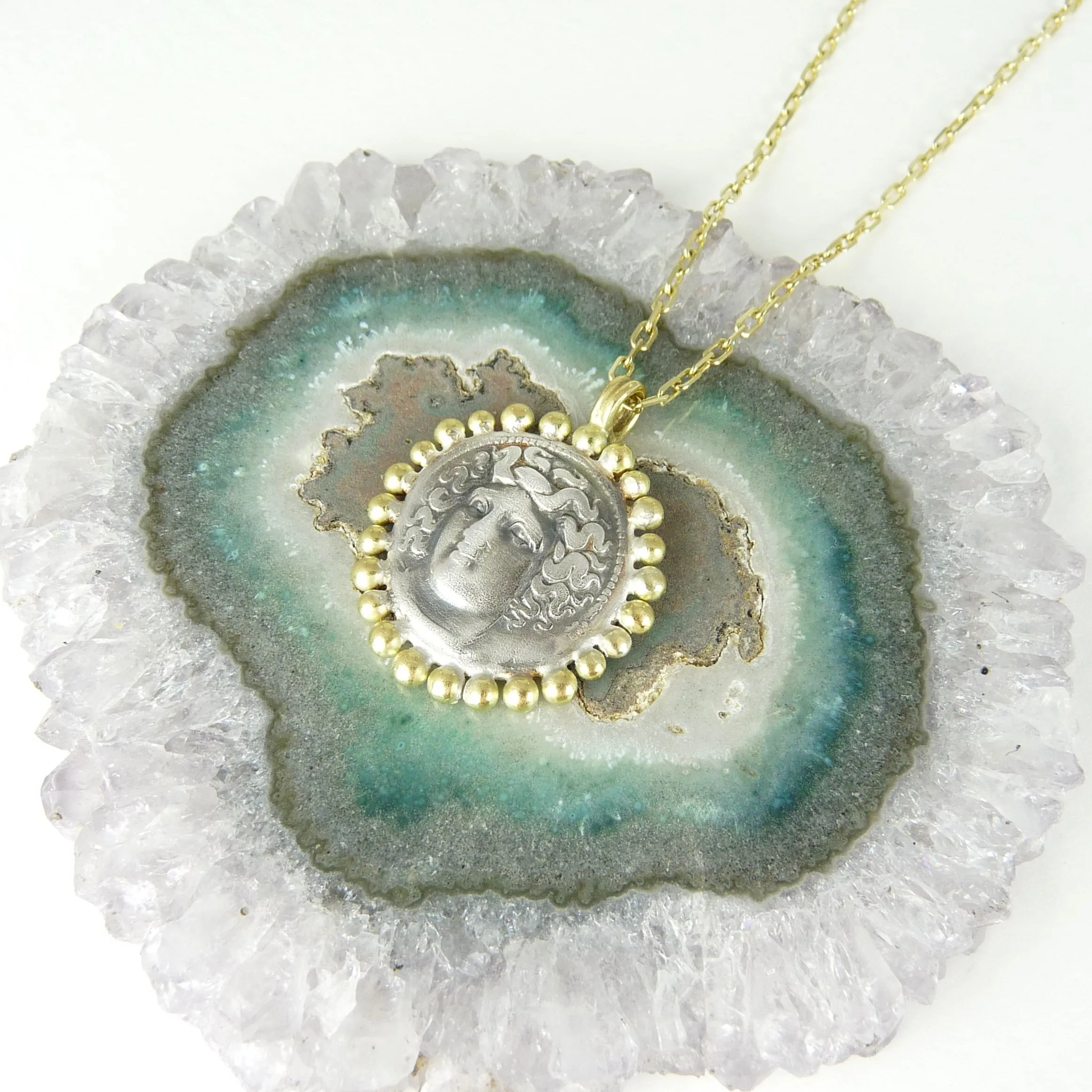 Larissa, Water Nymph Necklace with 18ct Gold Granules, Ancient Greek Coin