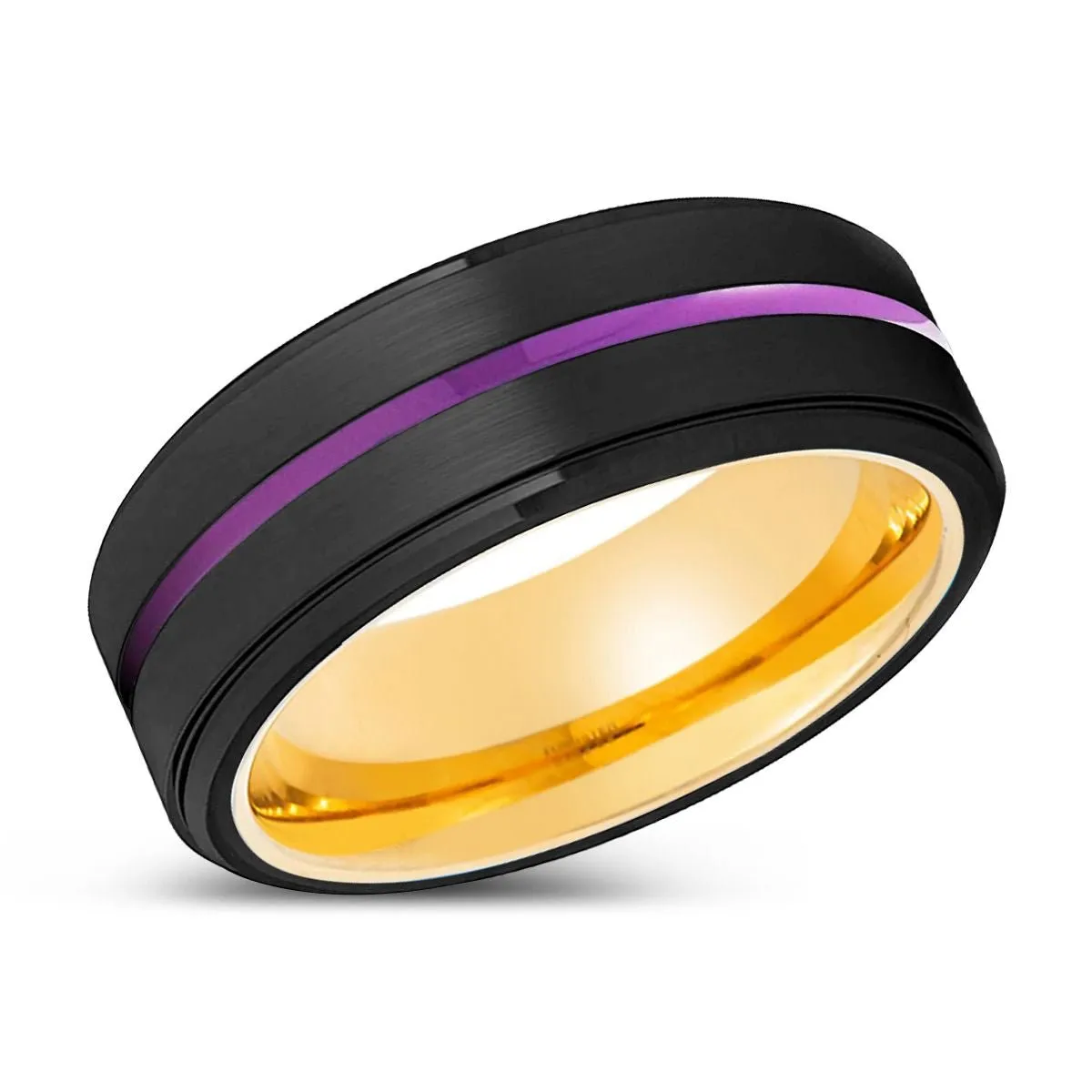 MELTON | Gold Ring, Black Tungsten Ring, Purple Groove, Stepped Edge