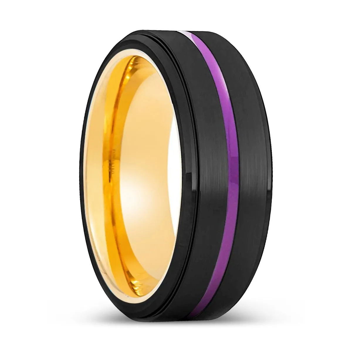 MELTON | Gold Ring, Black Tungsten Ring, Purple Groove, Stepped Edge