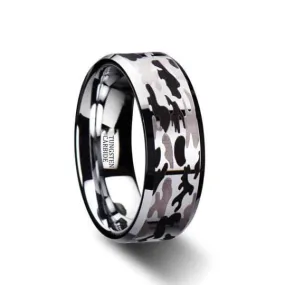 Men's Beveled Tungsten Black & Grey Camo Pattern Wedding Ring - 8 mm