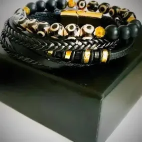 Men's Natural Stone Bracelet and Leather Set