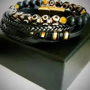 Men's Natural Stone Bracelet and Leather Set