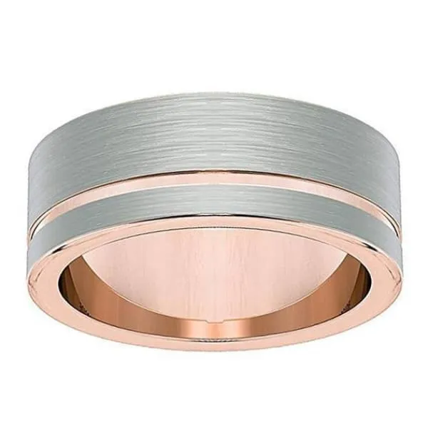 Men's Silver & Rose Gold Flat Tungsten Wedding Ring With Brushed Center - 8mm