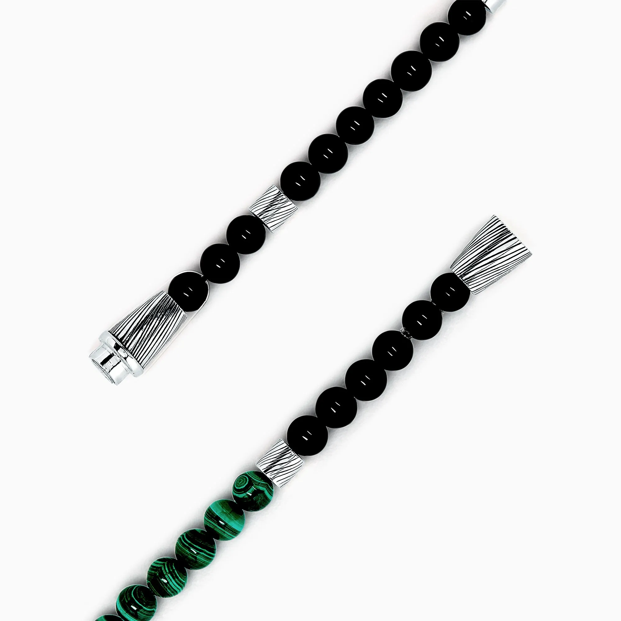 Men's Sterling Silver Beaded Onyx and Malachite Bracelet