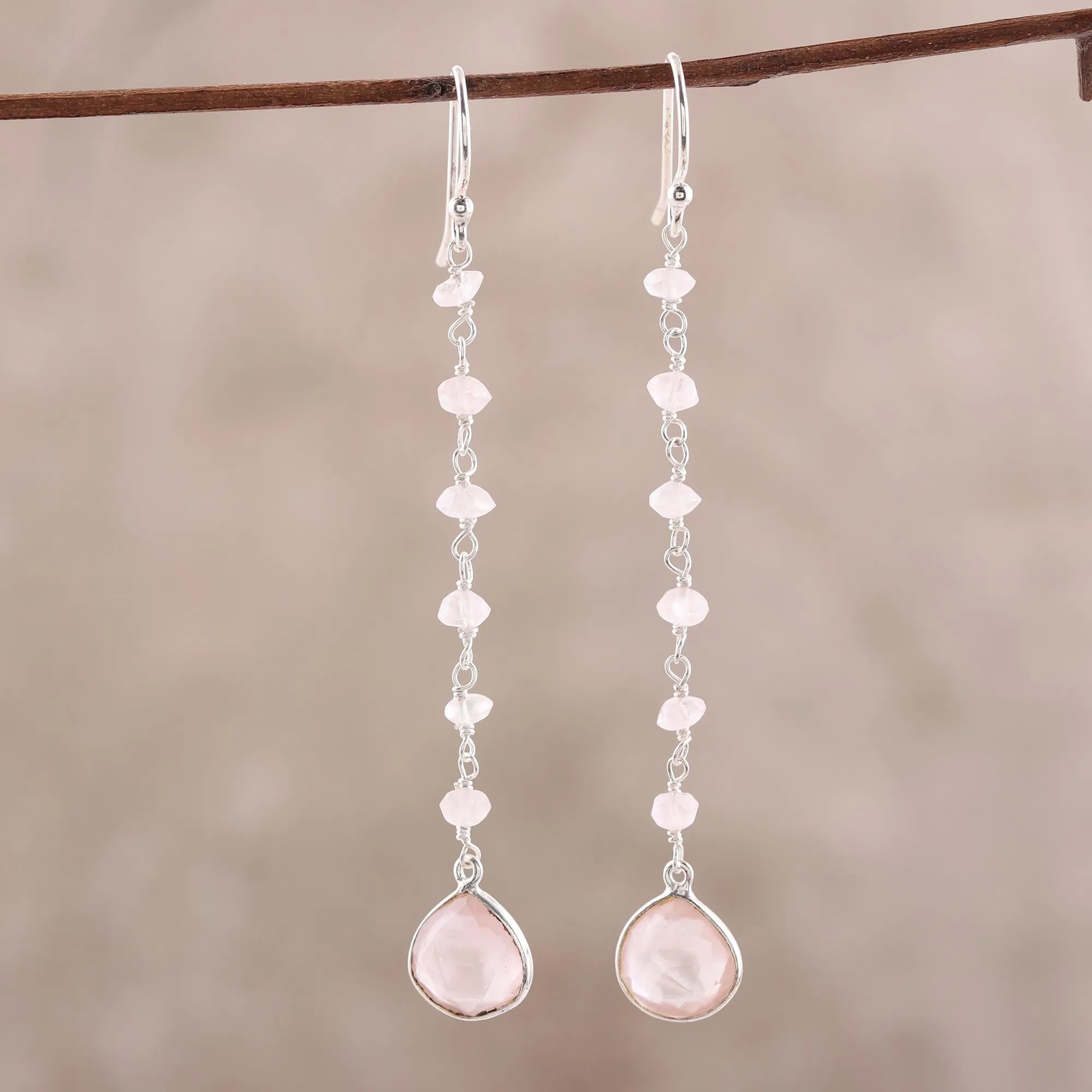 Morning Drops 4-Carat Rose Quartz Dangle Earrings from India