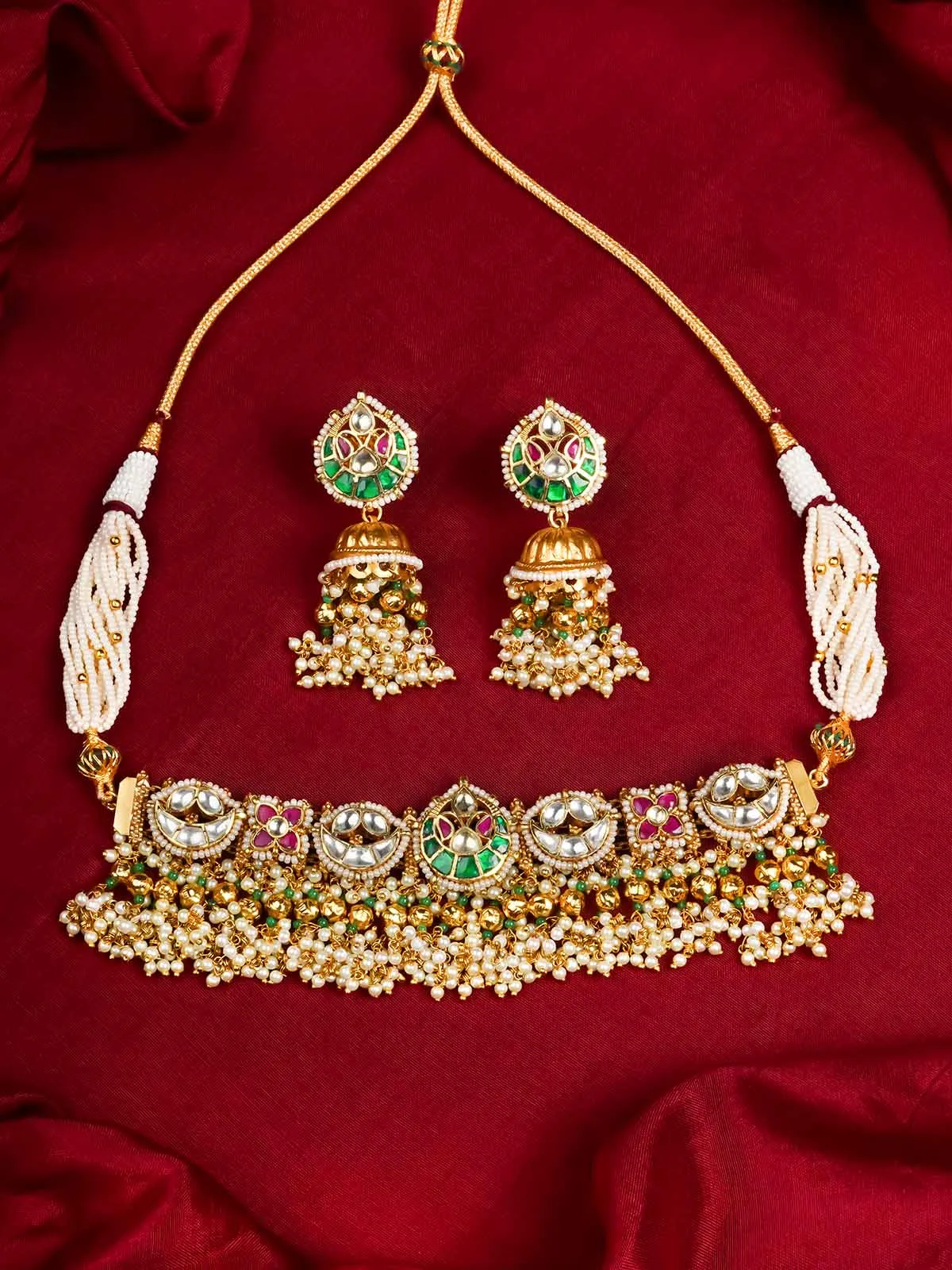 Multicolor Gold Plated Jadau Kundan Necklace Set - MS2028M