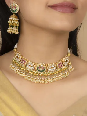 Multicolor Gold Plated Jadau Kundan Necklace Set - MS2028M