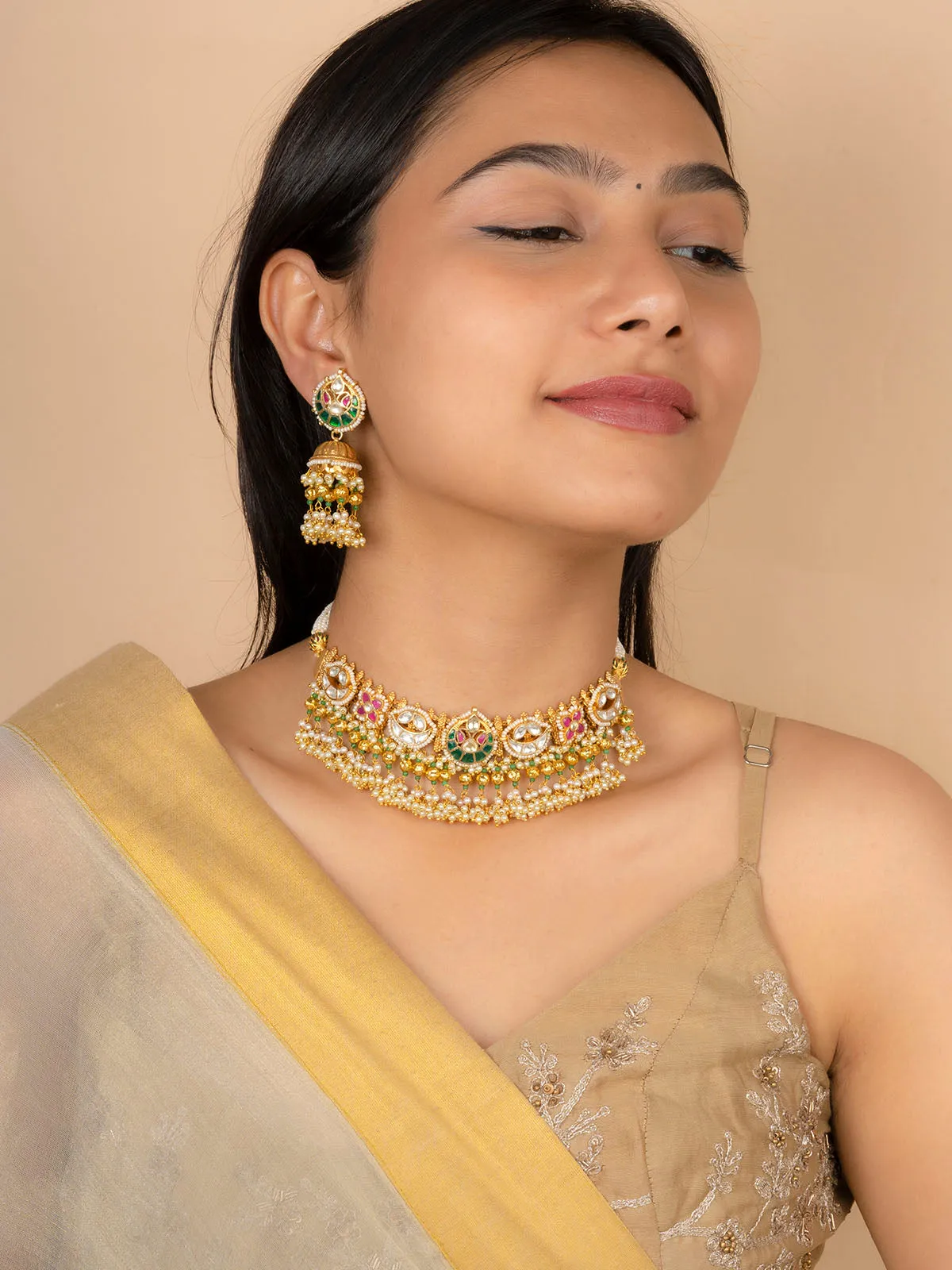 Multicolor Gold Plated Jadau Kundan Necklace Set - MS2028M