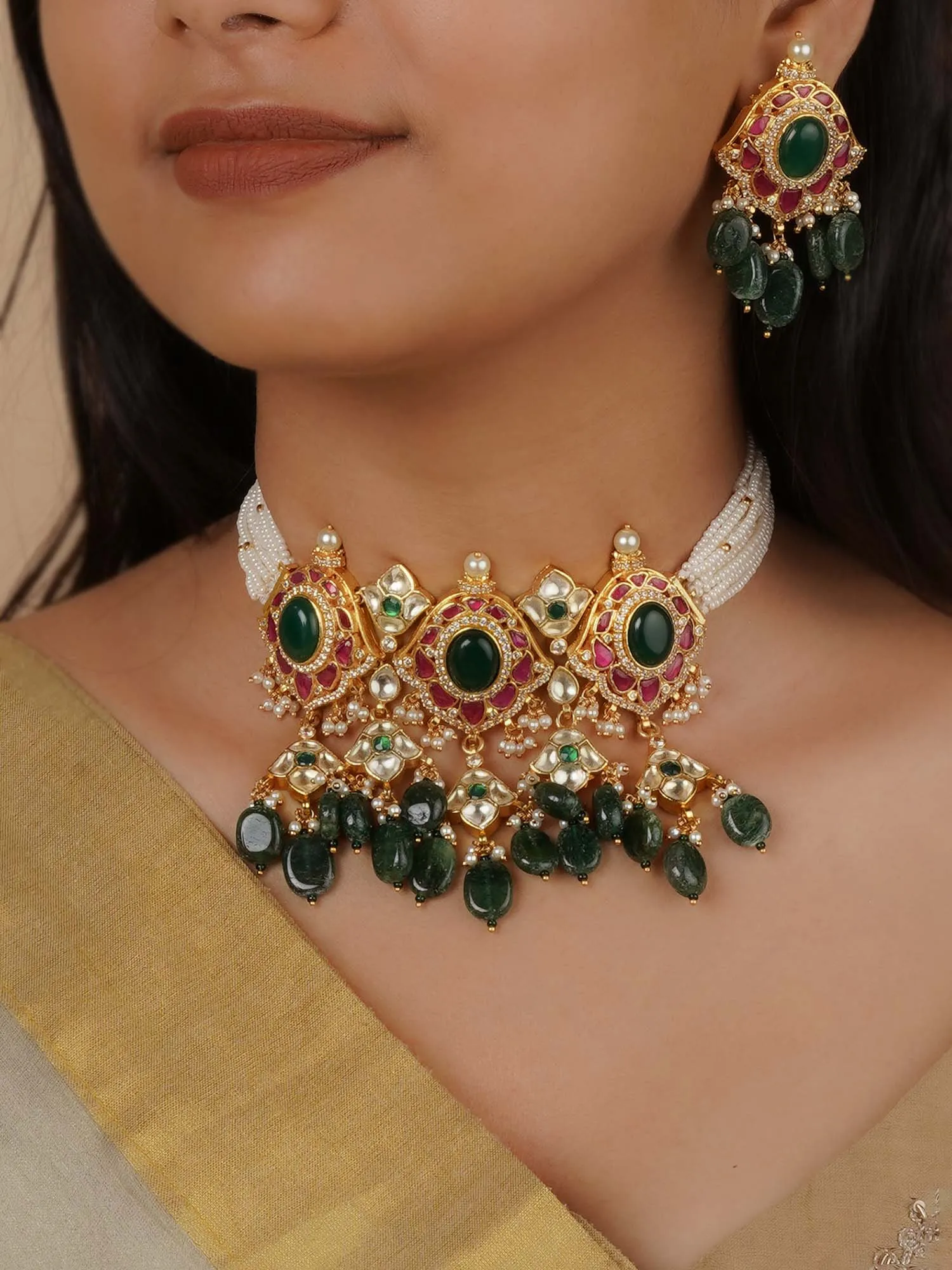 Multicolor Gold Plated Jadau Kundan Necklace Set - MS2044M