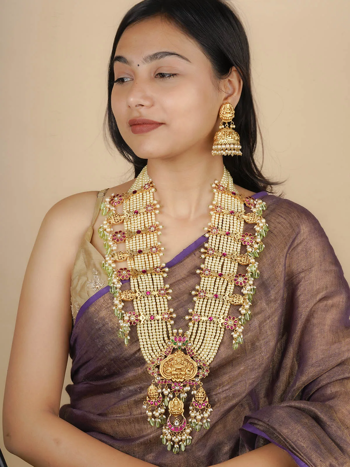 Multicolor Gold Plated Temple Necklace Set - TMPSET199M