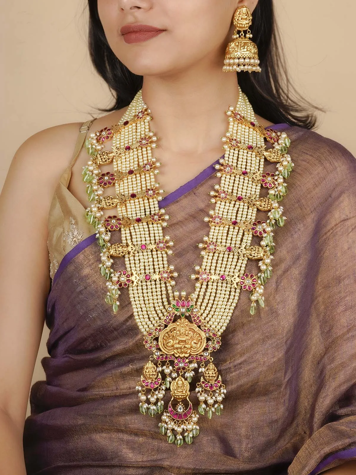 Multicolor Gold Plated Temple Necklace Set - TMPSET199M