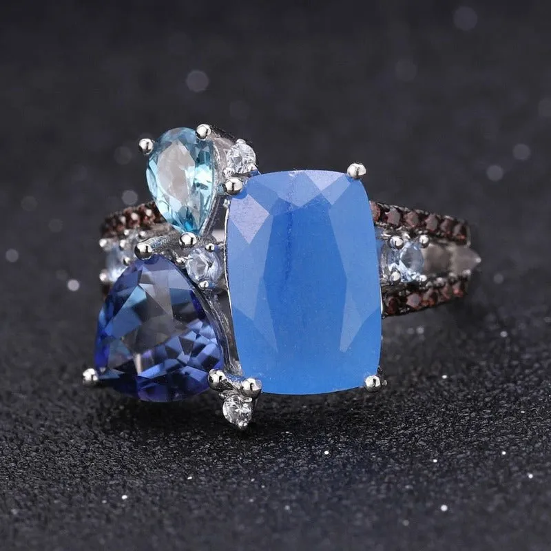 Natural Blue Chalcedony & Topaz Ring in 925 Silver